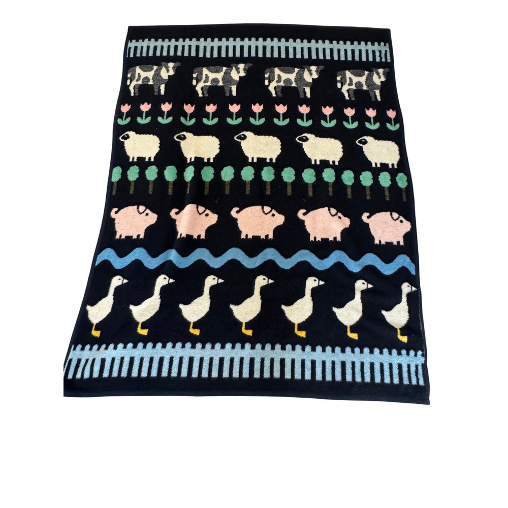 Vintage Crown Crafts Farm Animal Blanket Reversible Acrylic Cow Sheep Pig 60x80